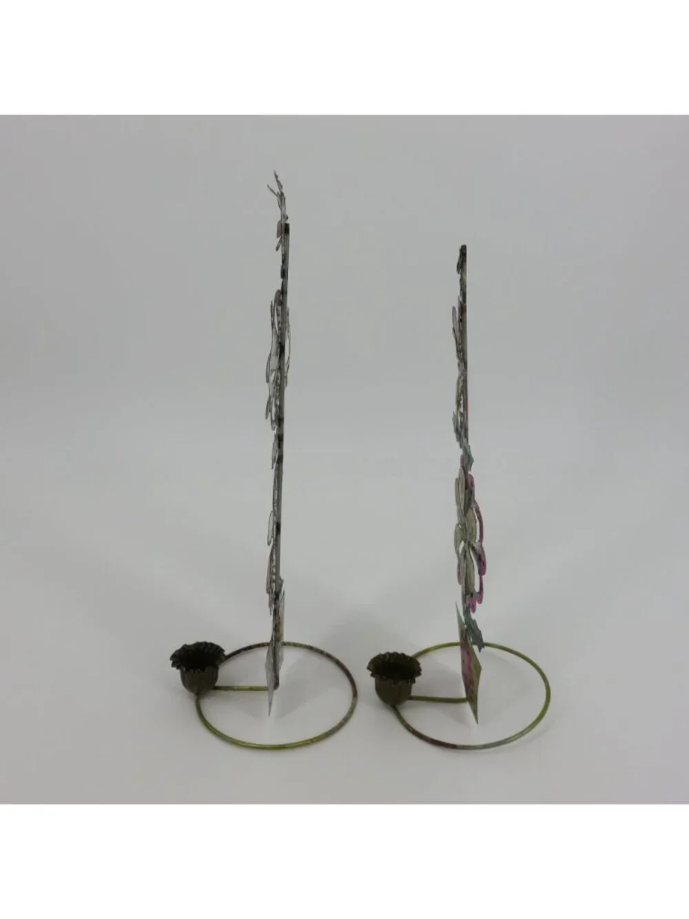 VTG Punch Tin Folk Art Pair 2 Candle Holders Pink Yellow Green Retro Christmas